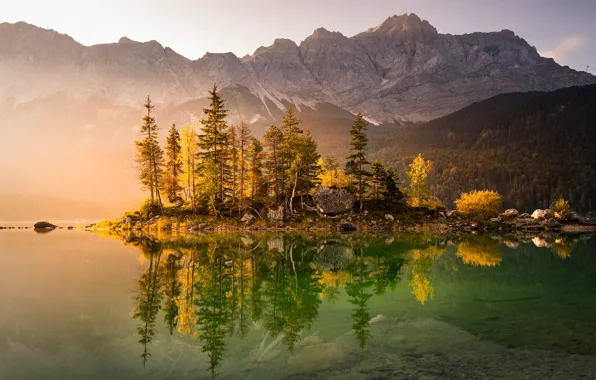 Осень, лес, свет, деревья, туман, озеро, отражение, камни