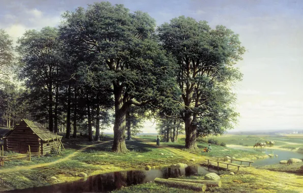 Картинка деревья, пейзаж, дом, река, картина, Дубовая Роща, Михаил Клодт