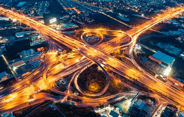 City, lights, night, marsh, vehicles, motorway