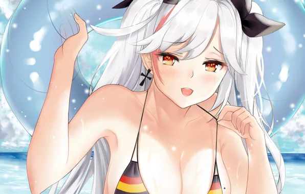 Girl, sexy, cleavage, sky, long hair, sea, boobs, anime