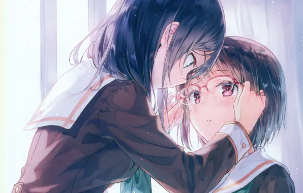 Очки, школьницы, у окна, матроска, две девочки, Hibike! Euphonium, Tanaka Asuka, Kaori Nakaseco