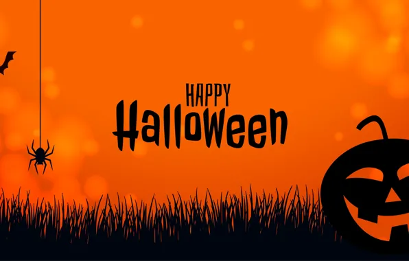 Картинка Трава, Тыква, Halloween, Хеллоуин, Летучая мышь, Happy Halloween, Пауки