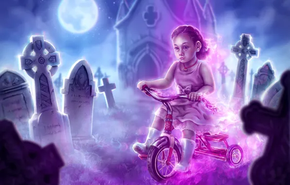 Картинка велосипед, призрак, девочка, кладбище, склеп