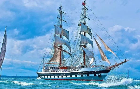 Море, побережье, корабль, парусник, Греция, паруса, бриг, мачты