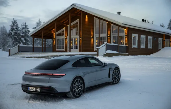 Снег, серый, Porsche, стоянка, строение, 2020, Taycan, Taycan 4S