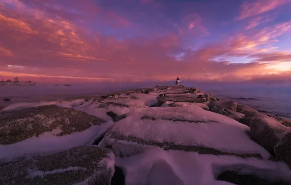 Картинка ice, rock, coast, sunset, winter, fog, lighthouse