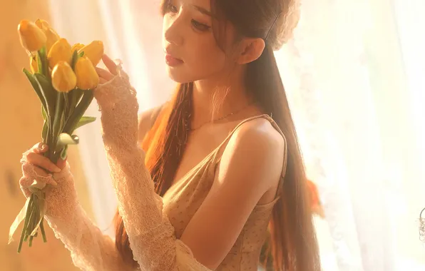 Beautiful, Asian, Model, Flower, Woman, Bouquet, Tulip, Cute