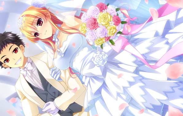 Девушка, Парень, свадьба, Романтика, baka moe heart ni ai wo komete!