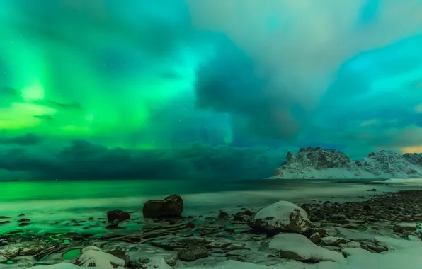 Море, облака, камни, скалы, берег, Норвегия, Лофотенские острова