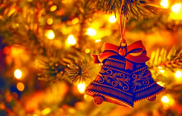 Огни, праздник, Рождество, Новый год, ёлка, ёлочная игрушка, колокола