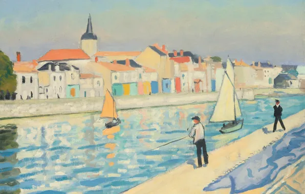 Река, дома, картина, рыбак, городской пейзаж, Albert Marquet, Альбер Марке, Les Pecheurs a la ligne …