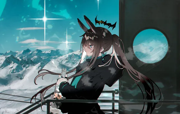 Цветок, девушка, снег, уши, бутылочка, Arknights, Amiya