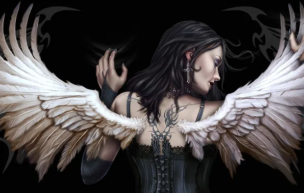 Картинка Девушка, крылья, крест, тату, корсет, черный фон