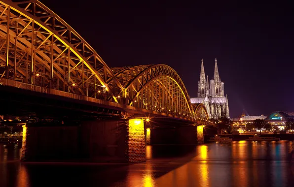 Вода, свет, ночь, мост, город, отражение, Германия, церковь