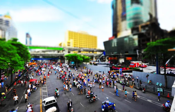 Картинка машины, город, люди, улица, здания, дома, Азия, tilt-shift