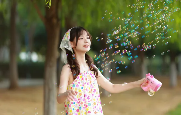 Beautiful, Asian, Model, Bubbles, Smile, Woman, Trees, Pretty