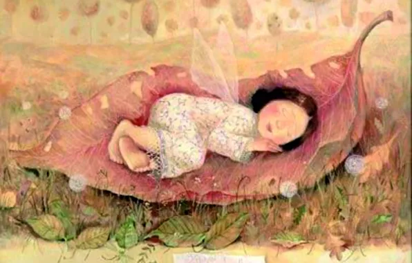 Картинка крылья, Гапчинская, большой лист, девочка спит