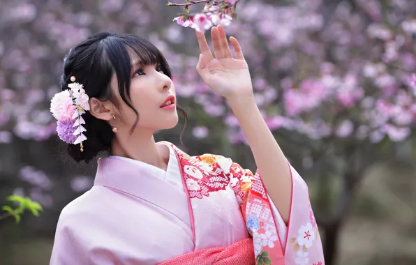 Кимоно, brown eyes, размытый фон, карие глаза, kimono, женственность, blurred background, japanese girl