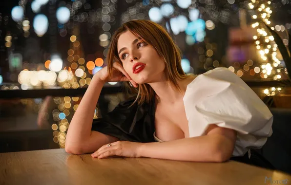 Картинка девушка, dress, model, bokeh, brunette, table, sitting, red lipstick