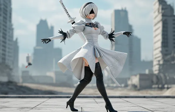 Игра, платье, мечь, танцует, NieR: Automata