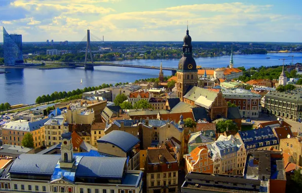 Небо, мост, река, дома, панорама, Рига, Латвия
