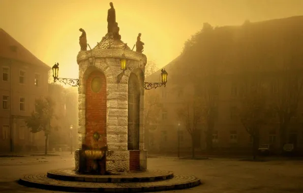 Город, туман, утро, площадь, square, sunrise, town