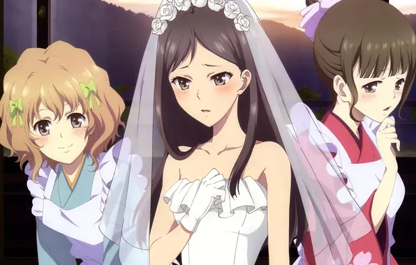 Радость, девушки, платье, anime, art, свадьба, смущение, Hana-Saku Iroha