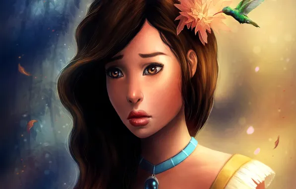 Картинка цветок, девушка, лицо, птица, колибри, арт, кулон, Pocahontas
