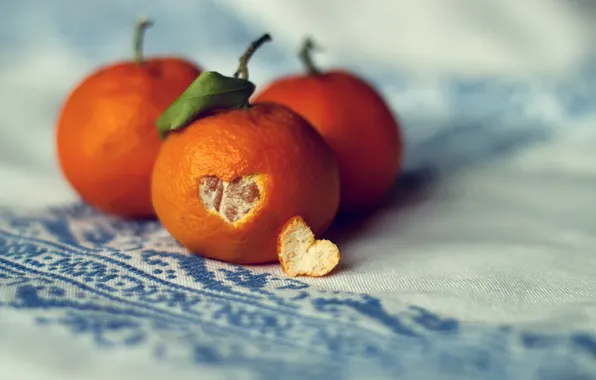 Макро, оранжевый, сердце, скатерть, кожура, мандарин