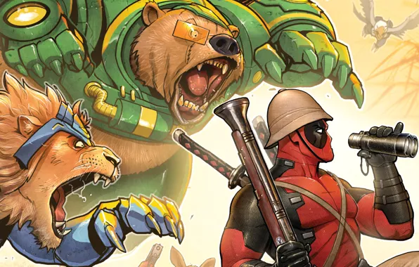 Красный, звери, лев, медведь, бинокль, ружье, Deadpool, Дэдпул