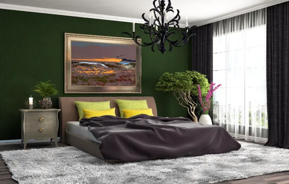 Цветы, ковер, кровать, подушки, окно, шкаф, Design, Bed