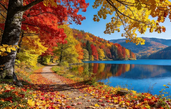 Картинка trees, landscape, nature, autumn, lake, leaves