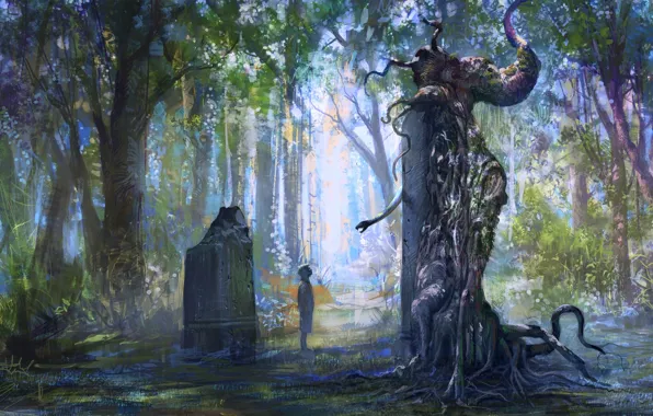 Картинка лес, деревья, листва, камень, змея, мальчик, памятник, статуя
