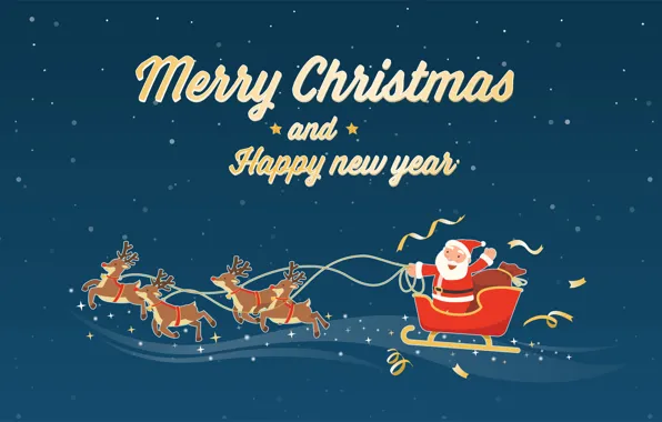 Картинка Рождество, Новый год, Санта Клаус, Олени, Merry Christmas, Сани, Развозит подарки, Merry christmas and Happy …