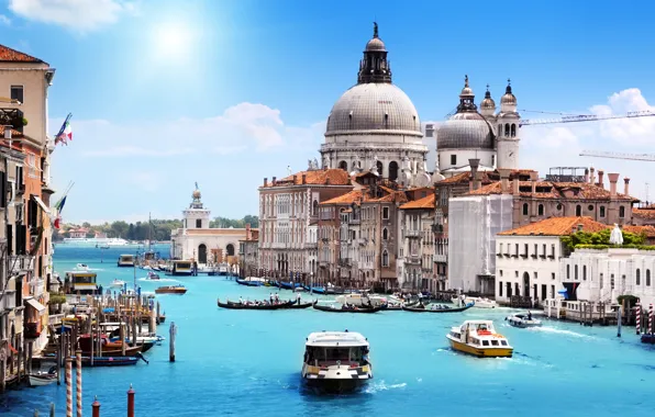 Картинка море, небо, солнце, облака, город, лодки, Италия, Венеция