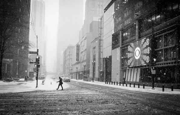 Зима, снег, город, улица, небоскребы, Чикаго, Иллинойс