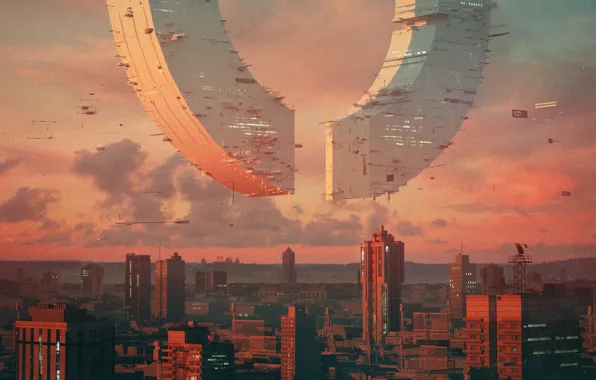Город, Неон, Стиль, Небоскребы, Здания, City, Fantasy, Архитектура