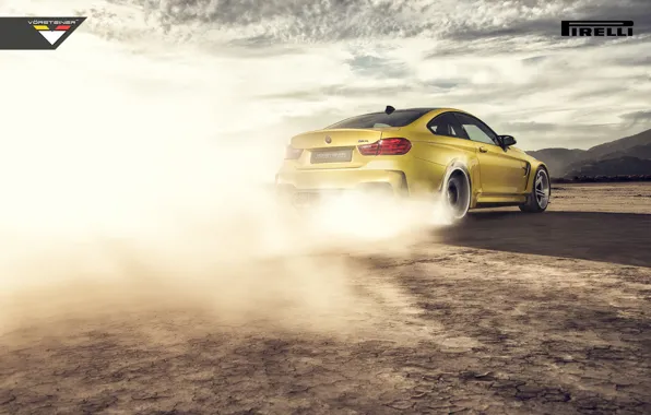 Картинка BMW, Car, Vorsteiner, Yellow, Smoke, Pirelli, Wheels, Desert