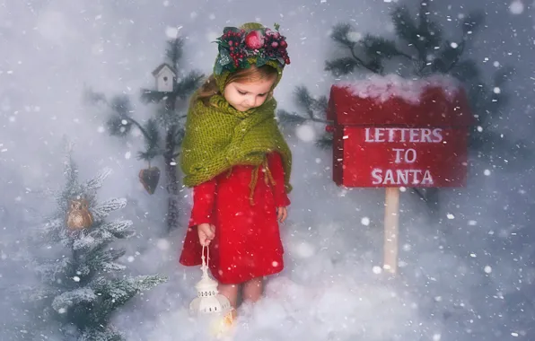 Картинка зима, снег, Рождество, девочка, фонарь, ёлочка, почтовый ящик