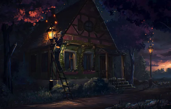 Закат, дом, дерево, человек, арт, лестница, фонарь