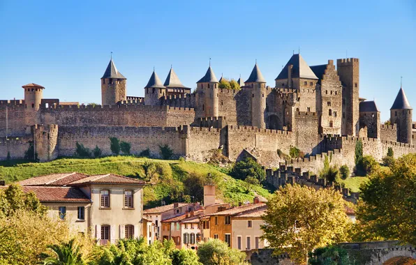 Город, фото, замок, Франция, дома, Castle of Carcassonne