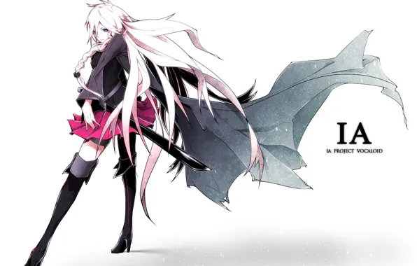 Картинка плащ, сапоги, белый фон, катана, длинные волосы, каблуки, vocaloid, косички