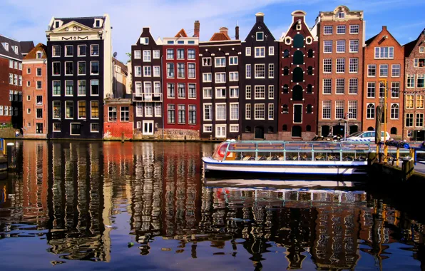 Вода, город, отражение, река, дома, Амстердам, канал, Нидерланды