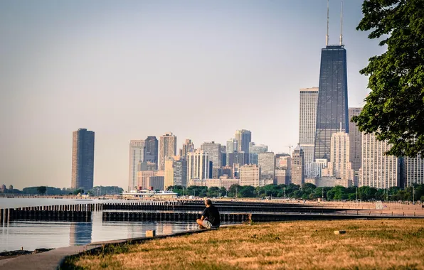Картинка город, река, здания, небоскребы, Чикаго, Мичиган