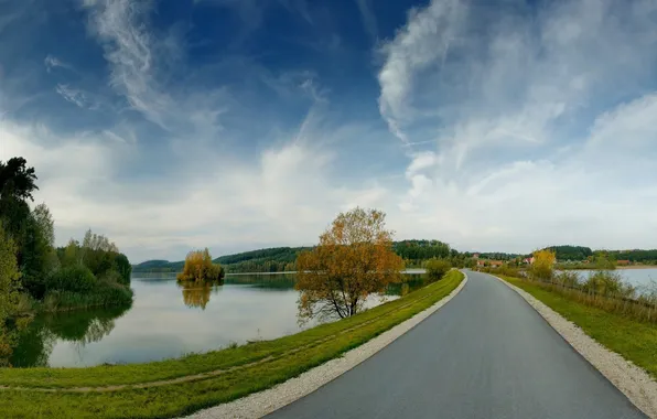 Дорога, осень, лес, небо, деревья, пейзаж, природа, река