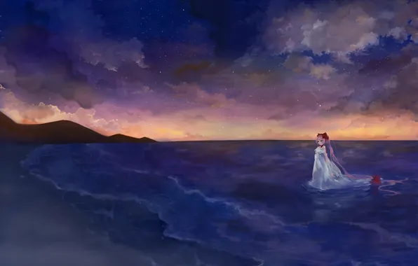 Картинка ночь, одиночество, океан, звёзды, девочка, Romantic walk