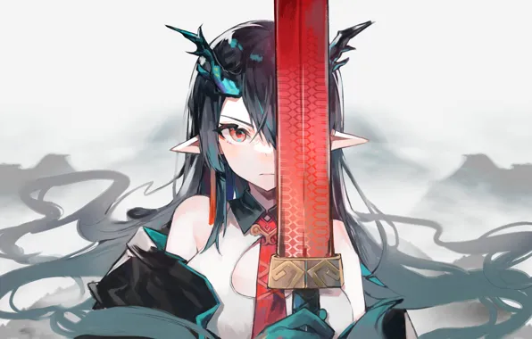 Девушка, меч, рожки, Dusk, Arknights