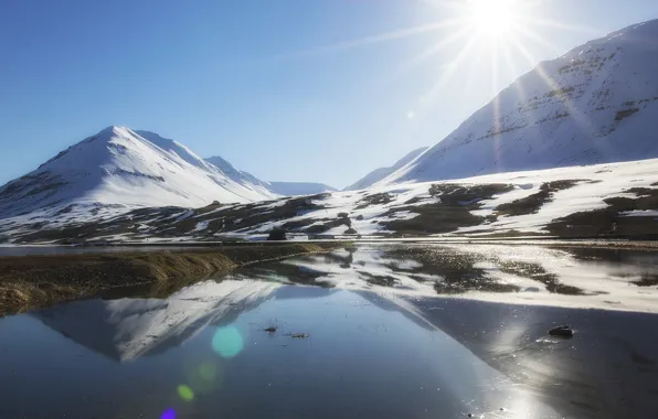 Картинка солнце, снег, горы, Исландия, Iceland, Olafsfjordur