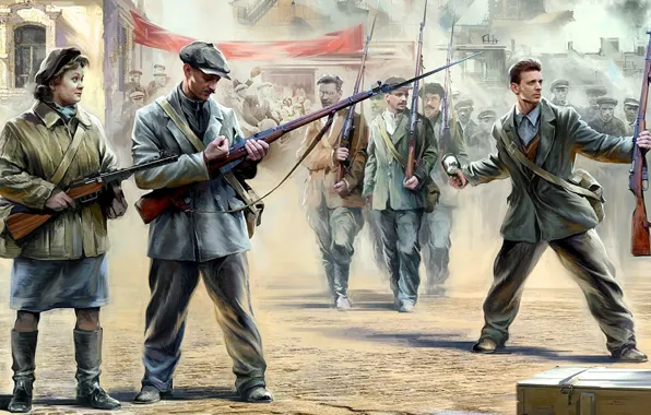 Рисунок, арт, винтовка Мосина, ППШ, soviet militia, Советское ополчение, boxart, ополченцы