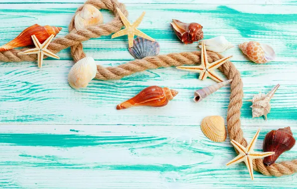 Пляж, лето, звезды, ракушки, summer, beach, wood, stars